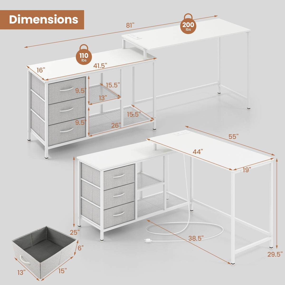 L-shaped Computer Desk with Power Outlet for Working Studying Gaming-White-L-Shaped Desks-DECOROLALA