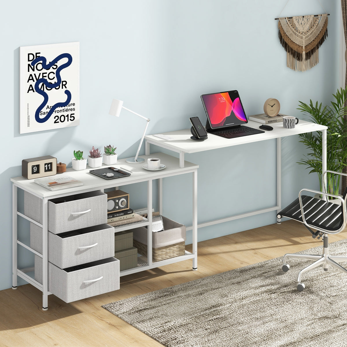 L-shaped Computer Desk with Power Outlet for Working Studying Gaming-White-L-Shaped Desks-DECOROLALA