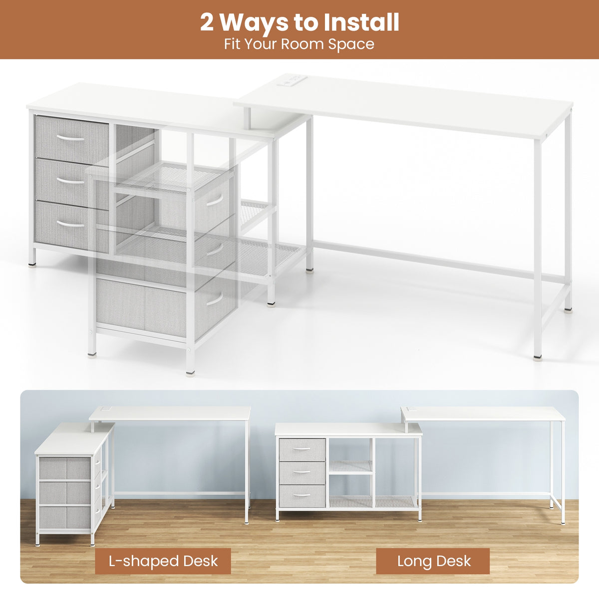 L-shaped Computer Desk with Power Outlet for Working Studying Gaming-White-L-Shaped Desks-DECOROLALA