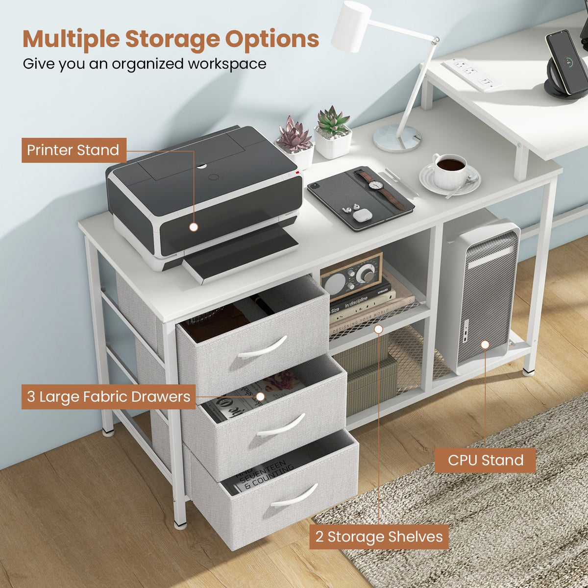 L-shaped Computer Desk with Power Outlet for Working Studying Gaming-White-L-Shaped Desks-DECOROLALA