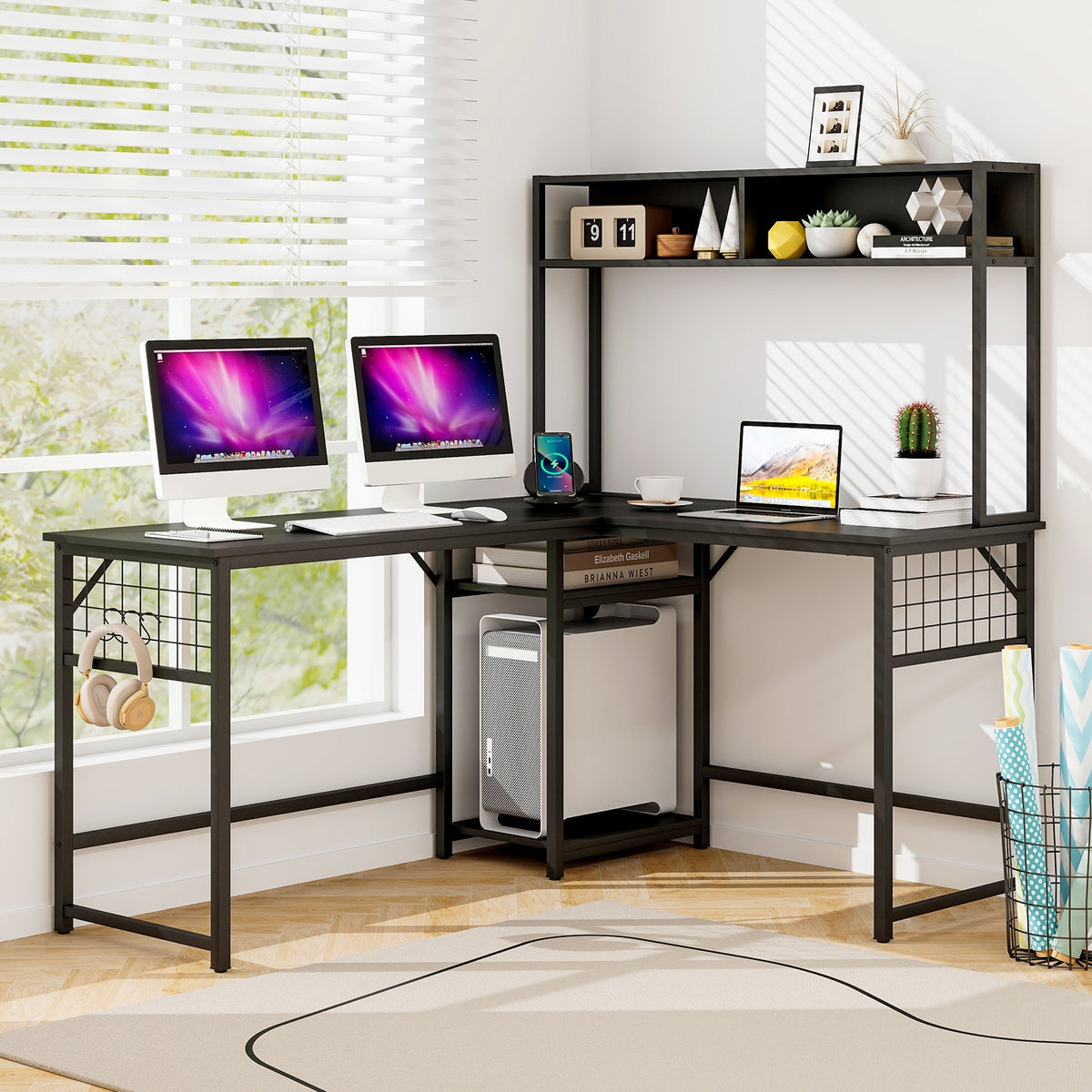 L-shaped Desk with Power Outlet Hutch-Black-L-Shaped Desks-DECOROLALA