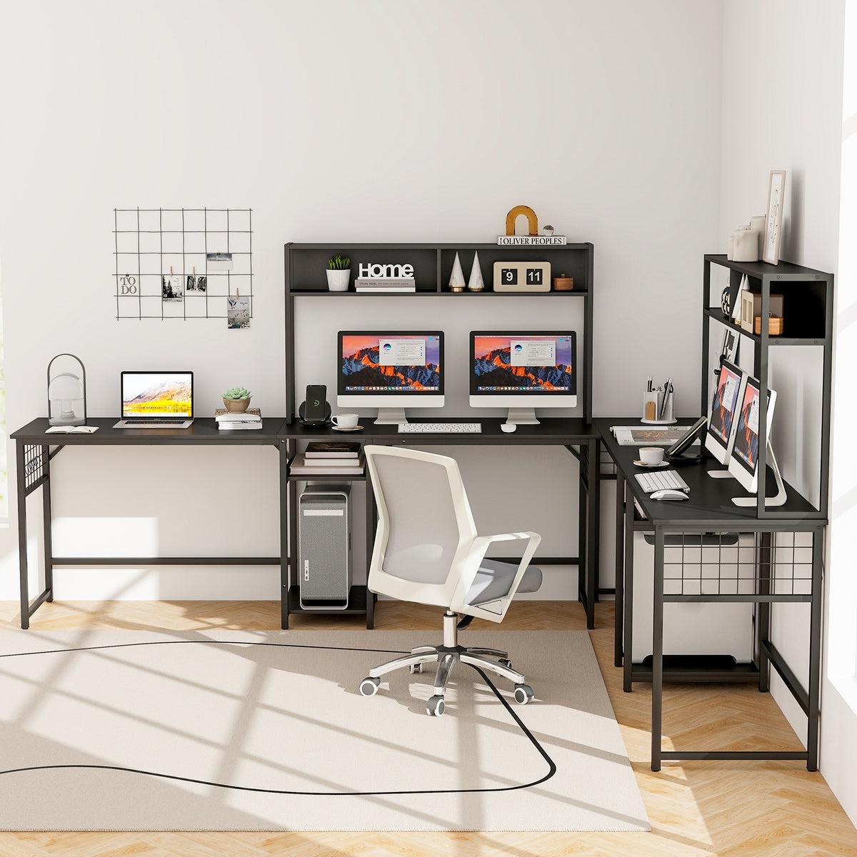 L-shaped Desk with Power Outlet Hutch-Black-L-Shaped Desks-DECOROLALA