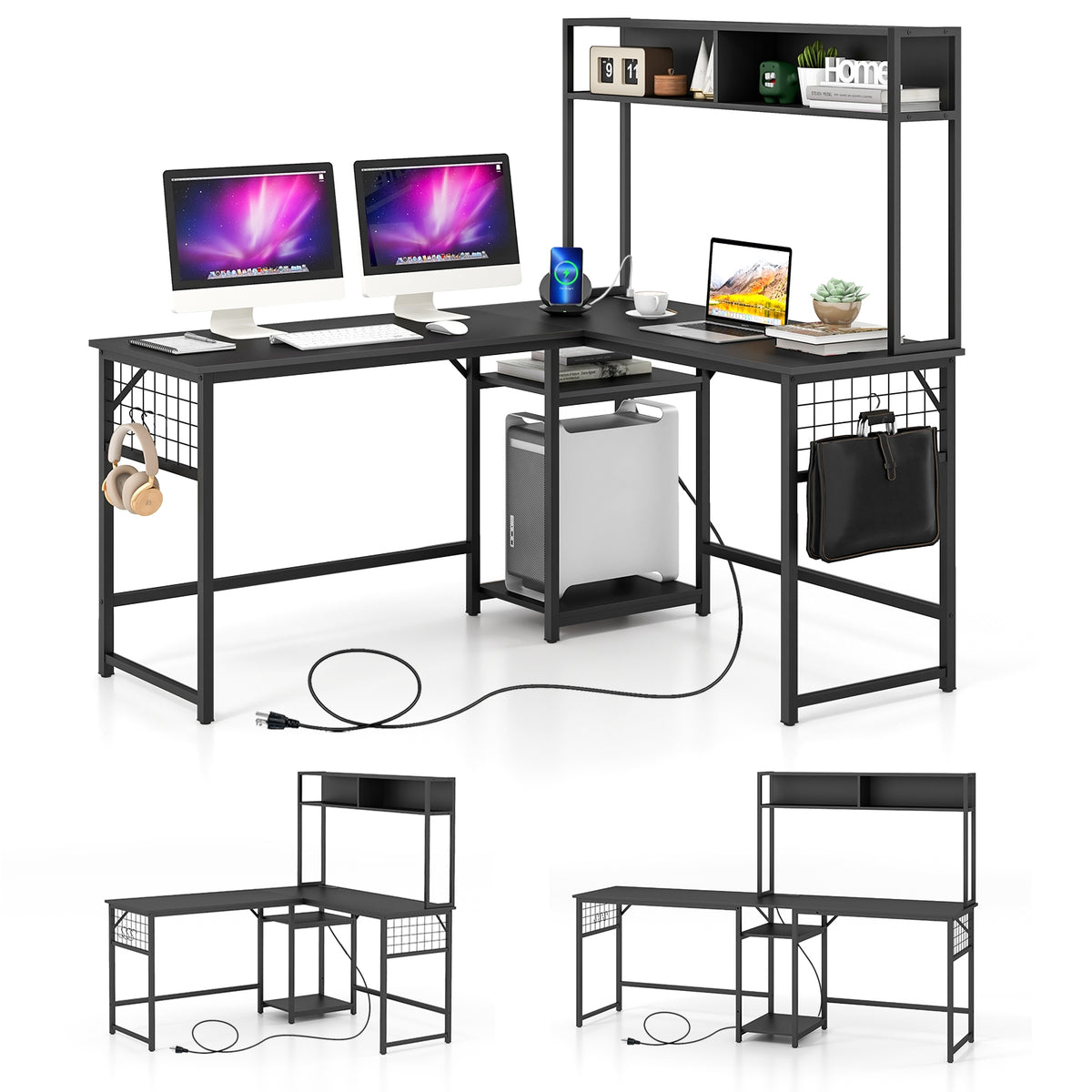 L-shaped Desk with Power Outlet Hutch-Black-L-Shaped Desks-DECOROLALA