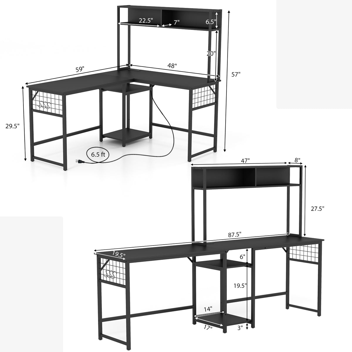L-shaped Desk with Power Outlet Hutch-Black-L-Shaped Desks-DECOROLALA