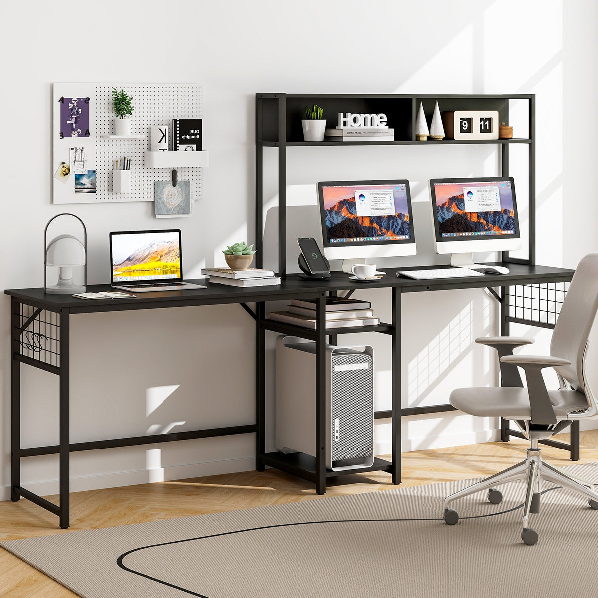 L-shaped Desk with Power Outlet Hutch-Black-L-Shaped Desks-DECOROLALA