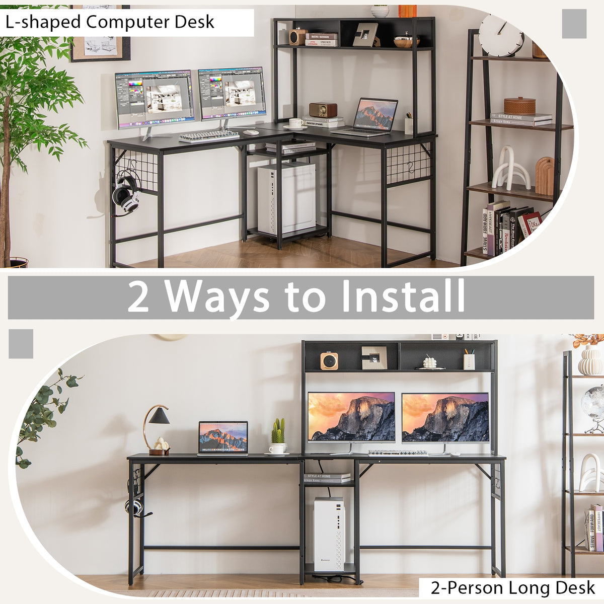 L-shaped Desk with Power Outlet Hutch-Black-L-Shaped Desks-DECOROLALA