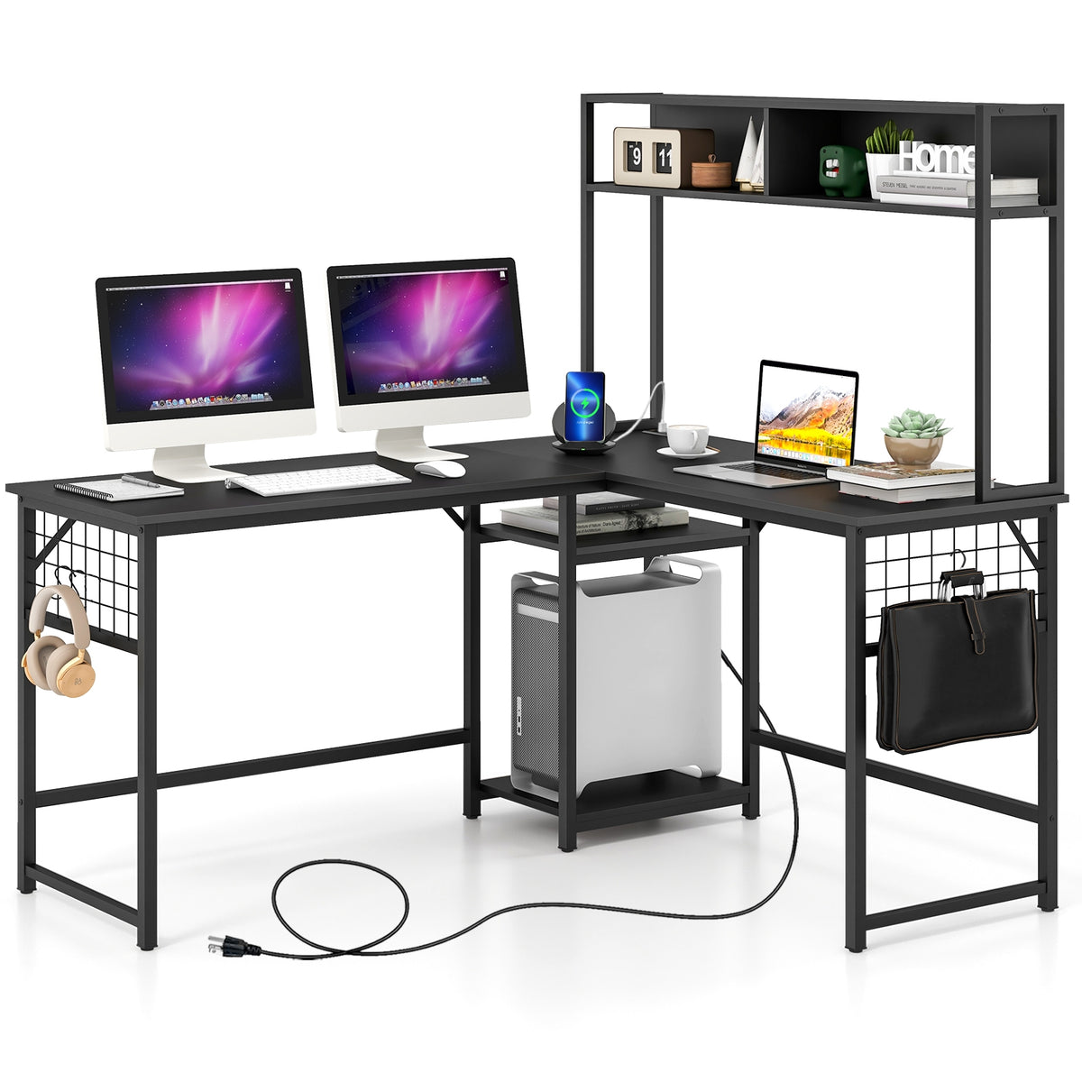 L-shaped Desk with Power Outlet Hutch-Black-L-Shaped Desks-DECOROLALA