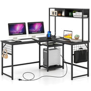 L-shaped Desk with Power Outlet Hutch-Black-L-Shaped Desks-DECOROLALA