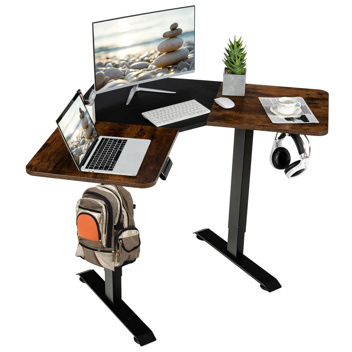 L-shaped Electric Standing Desk with 4 Memory Positions and LCD Display-Rustic Brown-Standing Desks-DECOROLALA