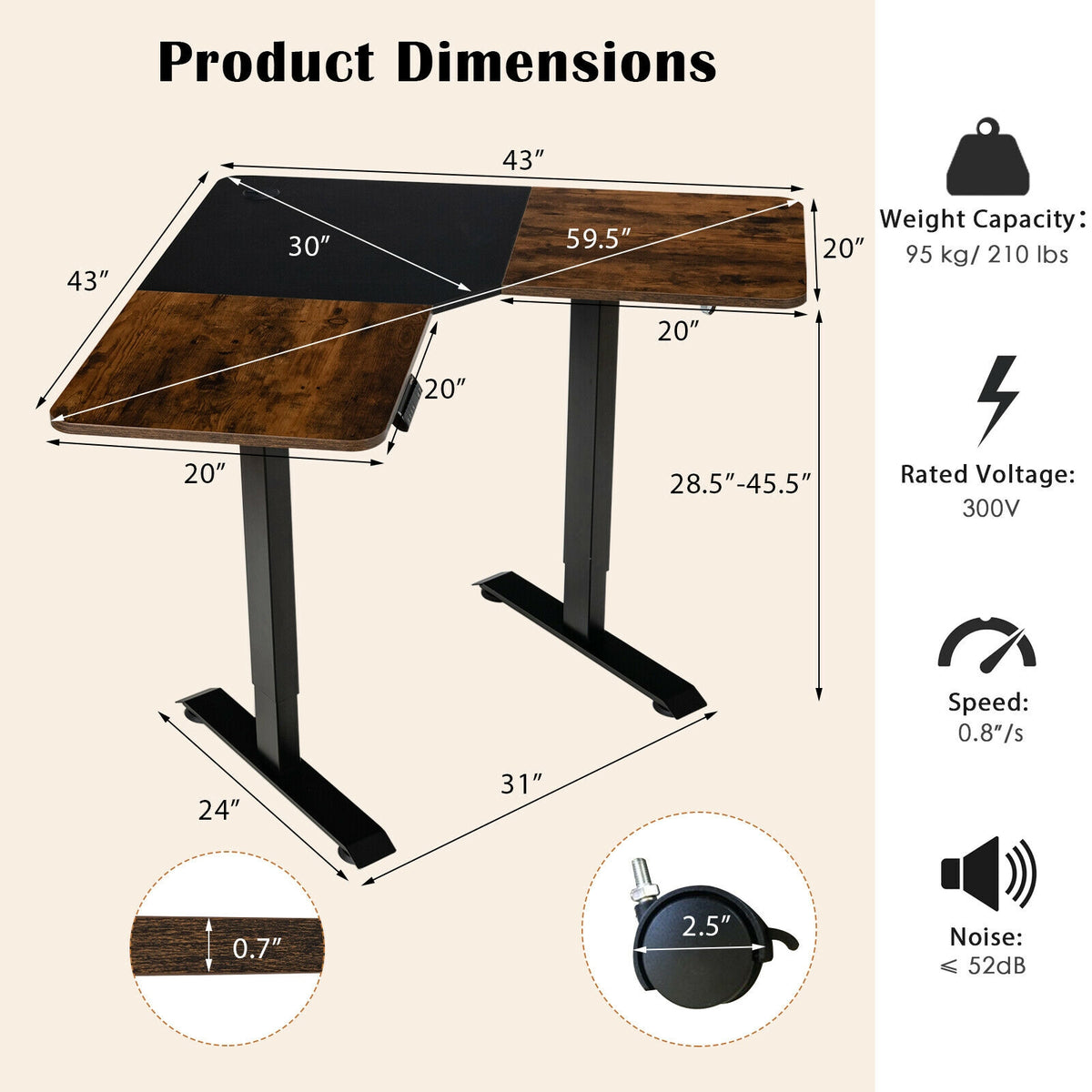 L-shaped Electric Standing Desk with 4 Memory Positions and LCD Display-Rustic Brown-Standing Desks-DECOROLALA