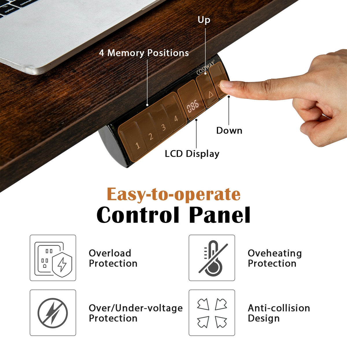 L-shaped Electric Standing Desk with 4 Memory Positions and LCD Display-Rustic Brown-Standing Desks-DECOROLALA