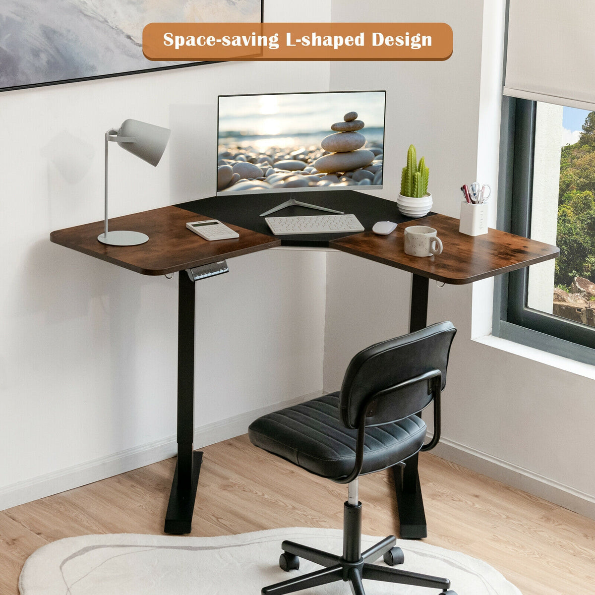 L-shaped Electric Standing Desk with 4 Memory Positions and LCD Display-Rustic Brown-Standing Desks-DECOROLALA