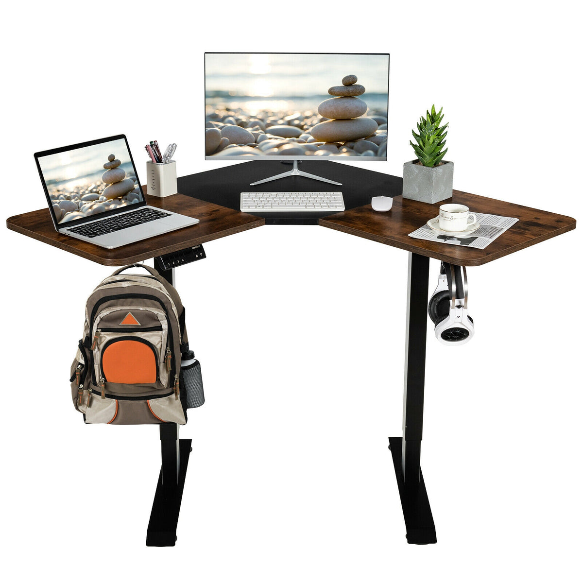 L-shaped Electric Standing Desk with 4 Memory Positions and LCD Display-Rustic Brown-Standing Desks-DECOROLALA