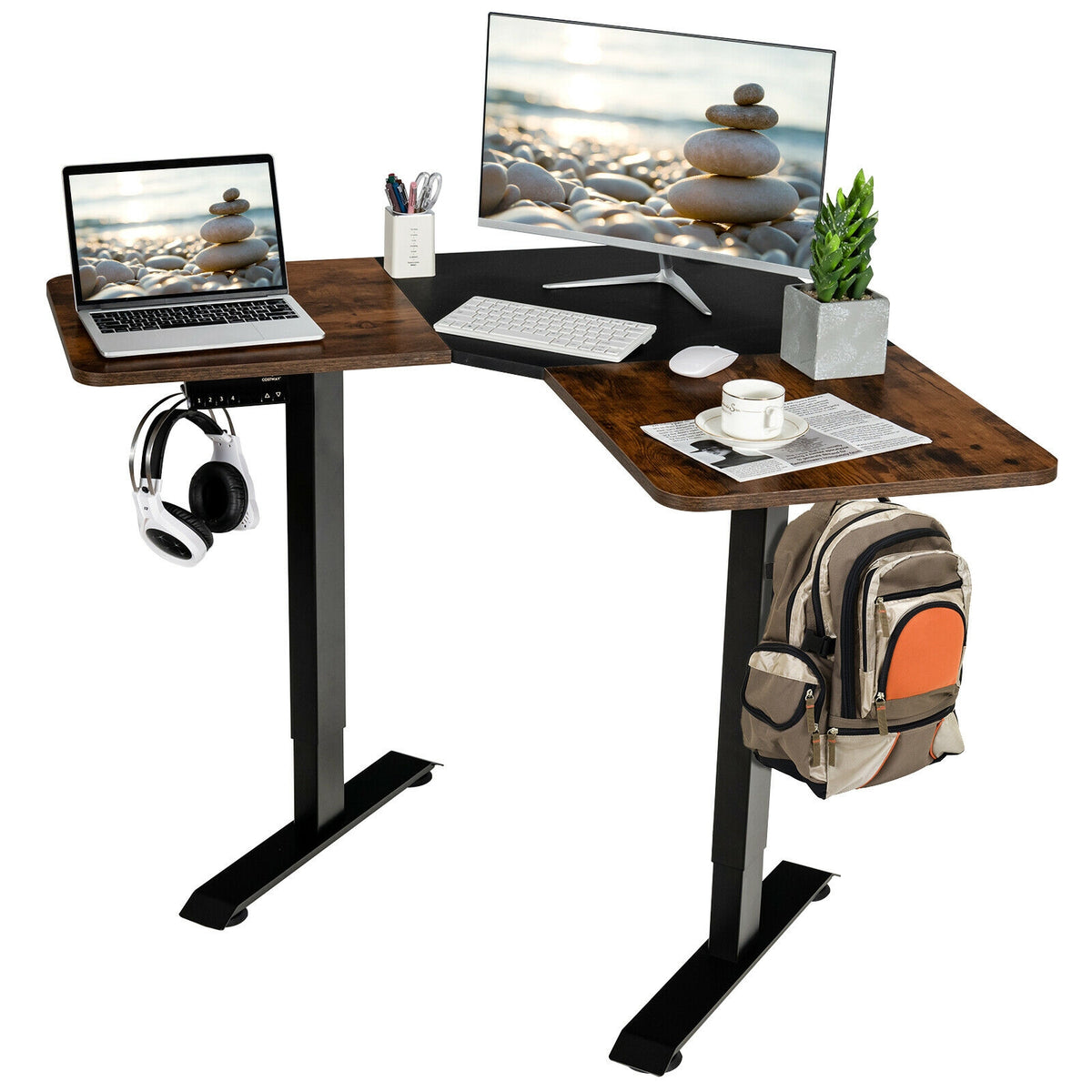 L-shaped Electric Standing Desk with 4 Memory Positions and LCD Display-Rustic Brown-Standing Desks-DECOROLALA