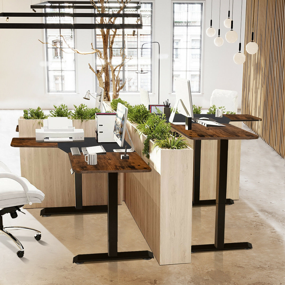 L-shaped Electric Standing Desk with 4 Memory Positions and LCD Display-Rustic Brown-Standing Desks-DECOROLALA