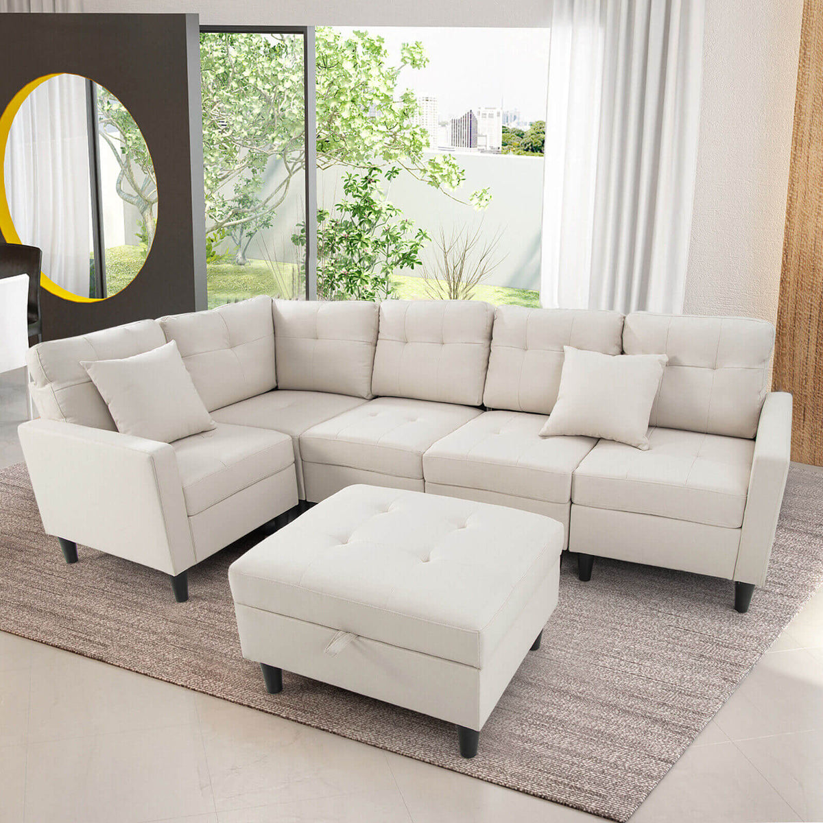 L-shaped Sectional Corner Sofa Set with Storage Ottoman-Beige-Sofas & Loveseats-DECOROLALA