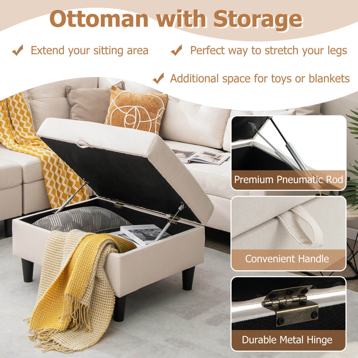 L-shaped Sectional Corner Sofa Set with Storage Ottoman-Beige-Sofas & Loveseats-DECOROLALA
