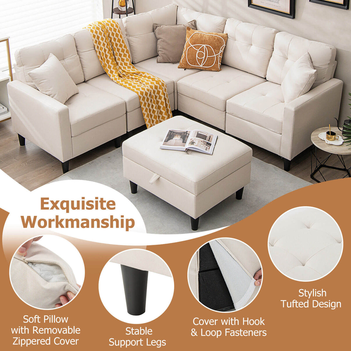 L-shaped Sectional Corner Sofa Set with Storage Ottoman-Beige-Sofas & Loveseats-DECOROLALA