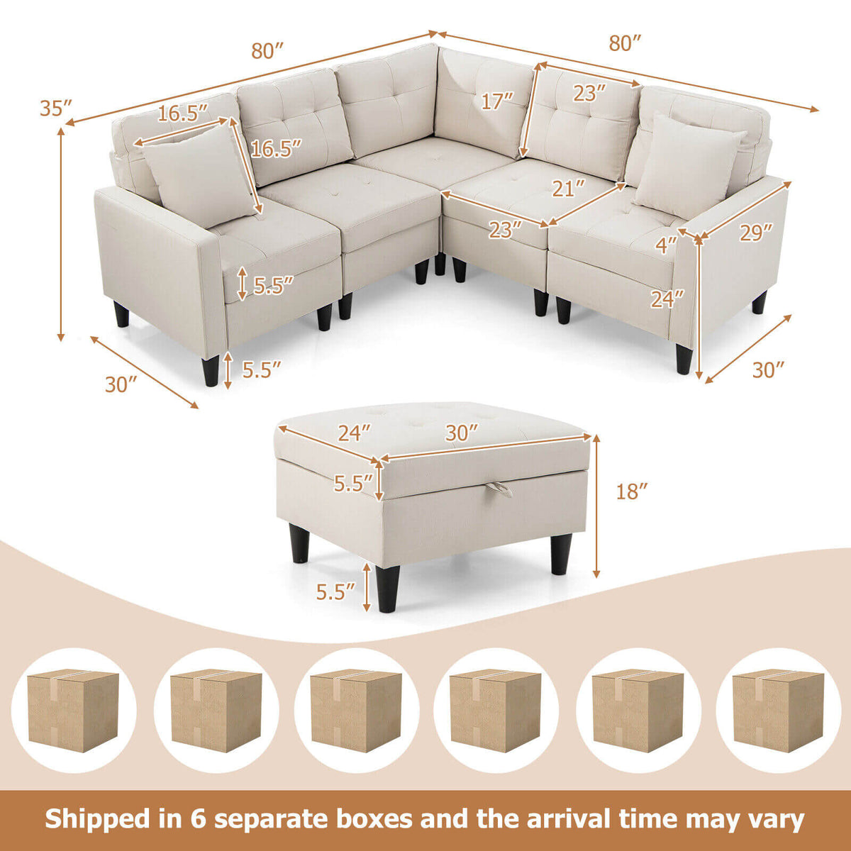 L-shaped Sectional Corner Sofa Set with Storage Ottoman-Beige-Sofas & Loveseats-DECOROLALA