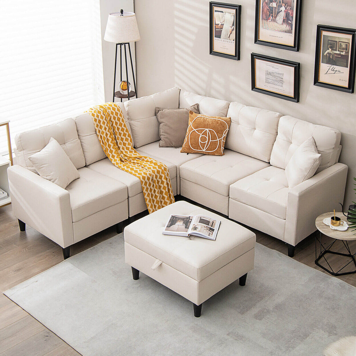 L-shaped Sectional Corner Sofa Set with Storage Ottoman-Beige-Sofas & Loveseats-DECOROLALA