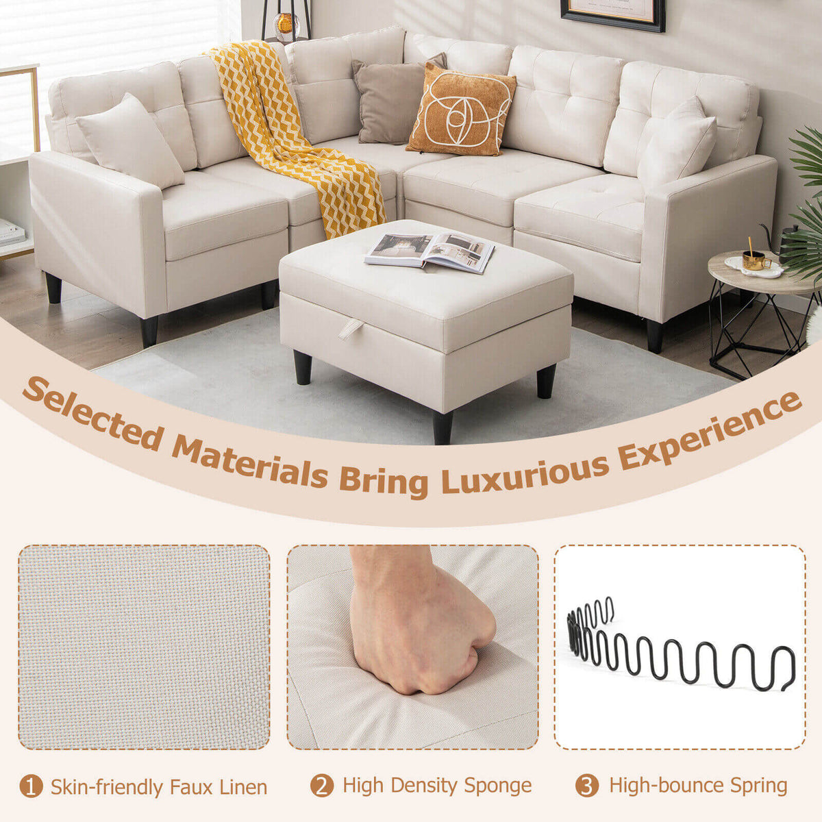 L-shaped Sectional Corner Sofa Set with Storage Ottoman-Beige-Sofas & Loveseats-DECOROLALA