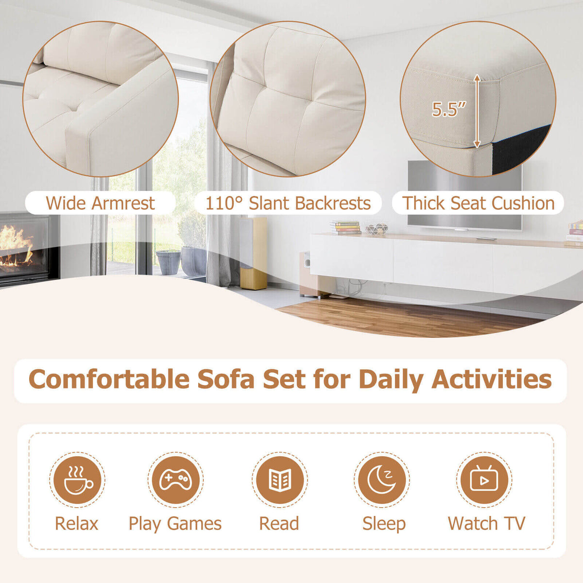 L-shaped Sectional Corner Sofa Set with Storage Ottoman-Beige-Sofas & Loveseats-DECOROLALA