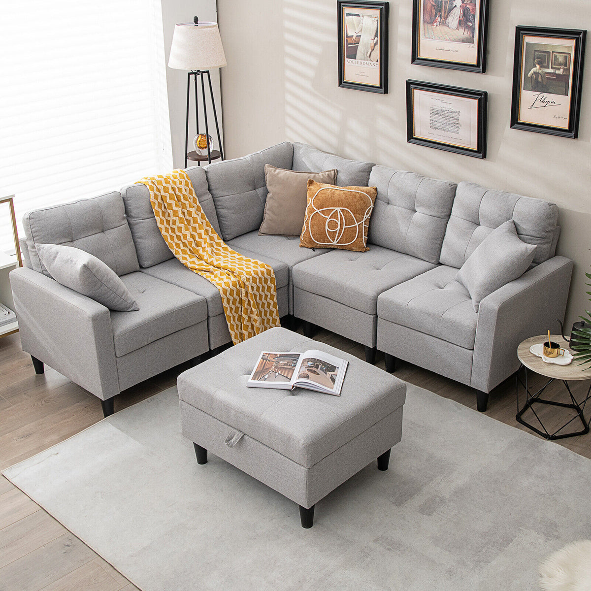 L-shaped Sectional Corner Sofa Set with Storage Ottoman-Gray-Sofas & Loveseats-DECOROLALA