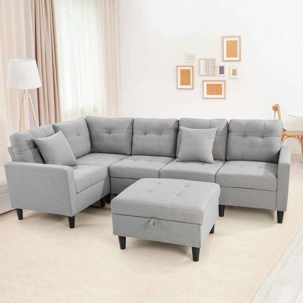 L-shaped Sectional Corner Sofa Set with Storage Ottoman-Gray-Sofas & Loveseats-DECOROLALA