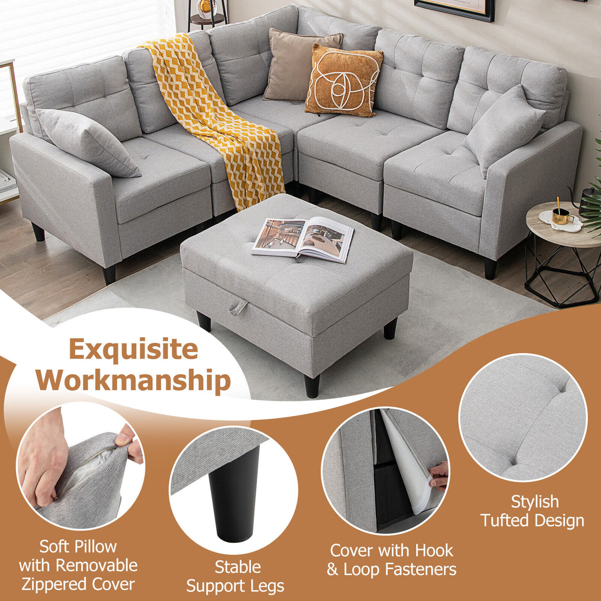 L-shaped Sectional Corner Sofa Set with Storage Ottoman-Gray-Sofas & Loveseats-DECOROLALA