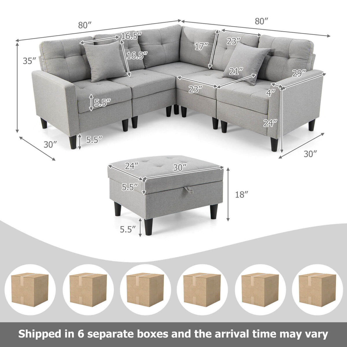 L-shaped Sectional Corner Sofa Set with Storage Ottoman-Gray-Sofas & Loveseats-DECOROLALA