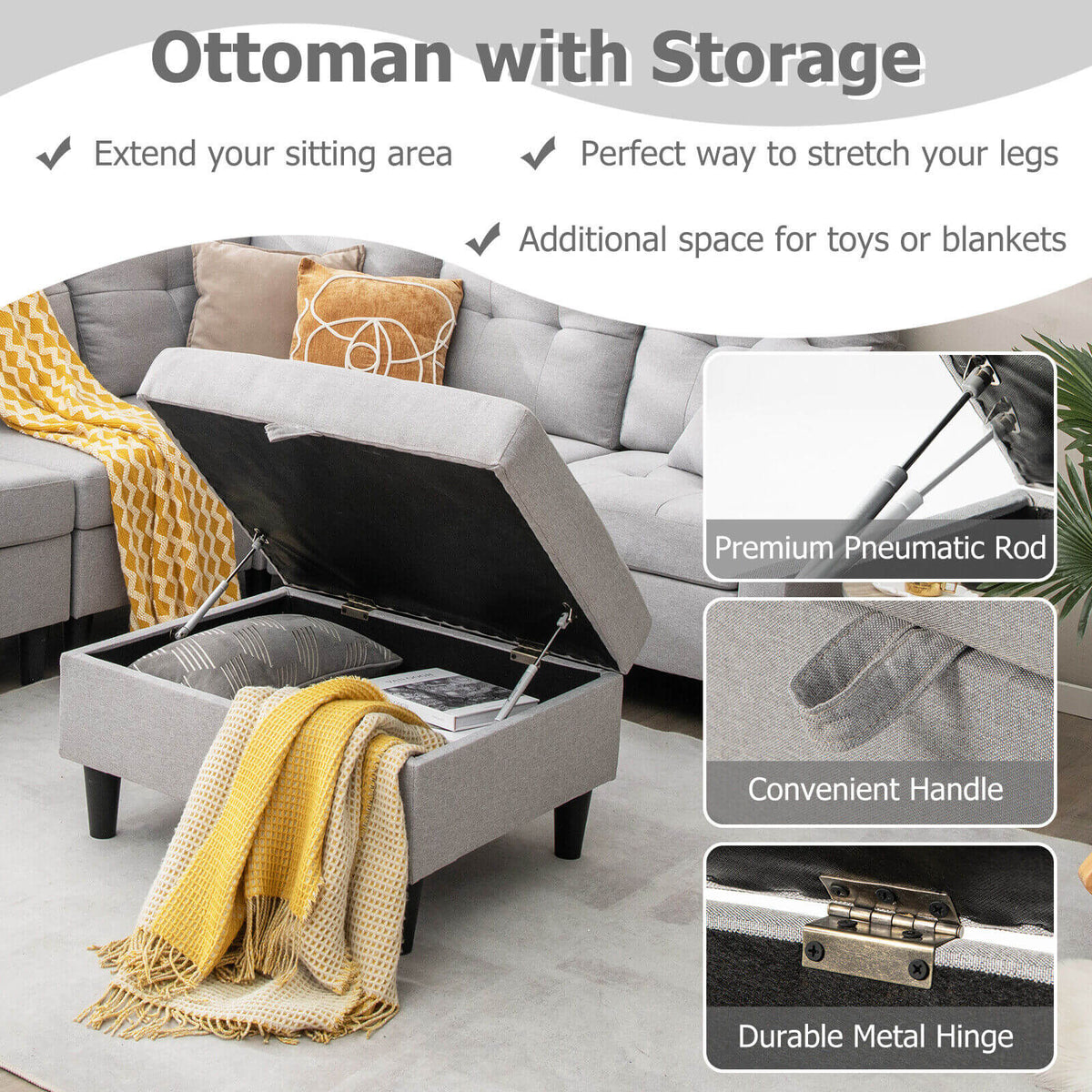 L-shaped Sectional Corner Sofa Set with Storage Ottoman-Gray-Sofas & Loveseats-DECOROLALA