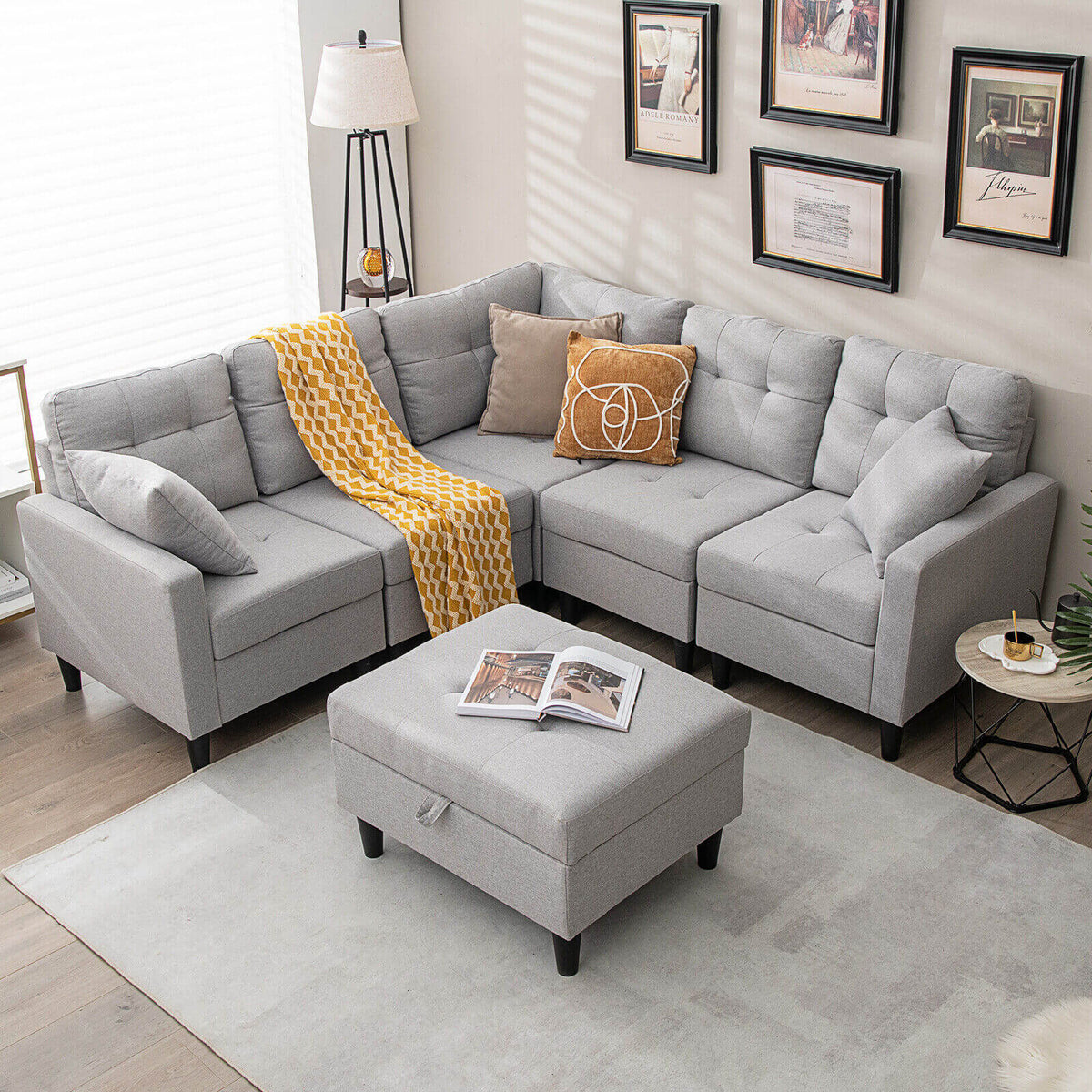 L-shaped Sectional Corner Sofa Set with Storage Ottoman-Gray-Sofas & Loveseats-DECOROLALA