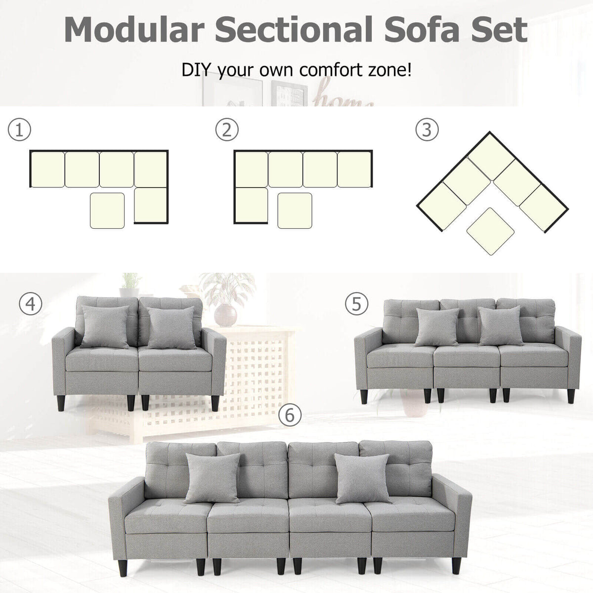 L-shaped Sectional Corner Sofa Set with Storage Ottoman-Gray-Sofas & Loveseats-DECOROLALA