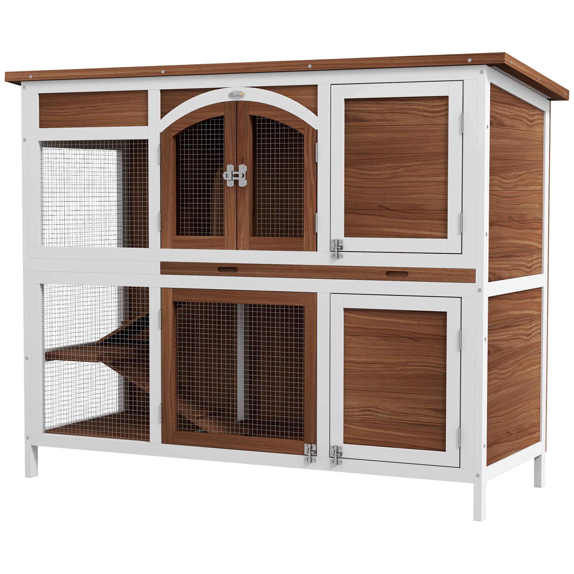 Two-Tier Wooden Rabbit Hutch with Openable Roof, Slide-Out Tray