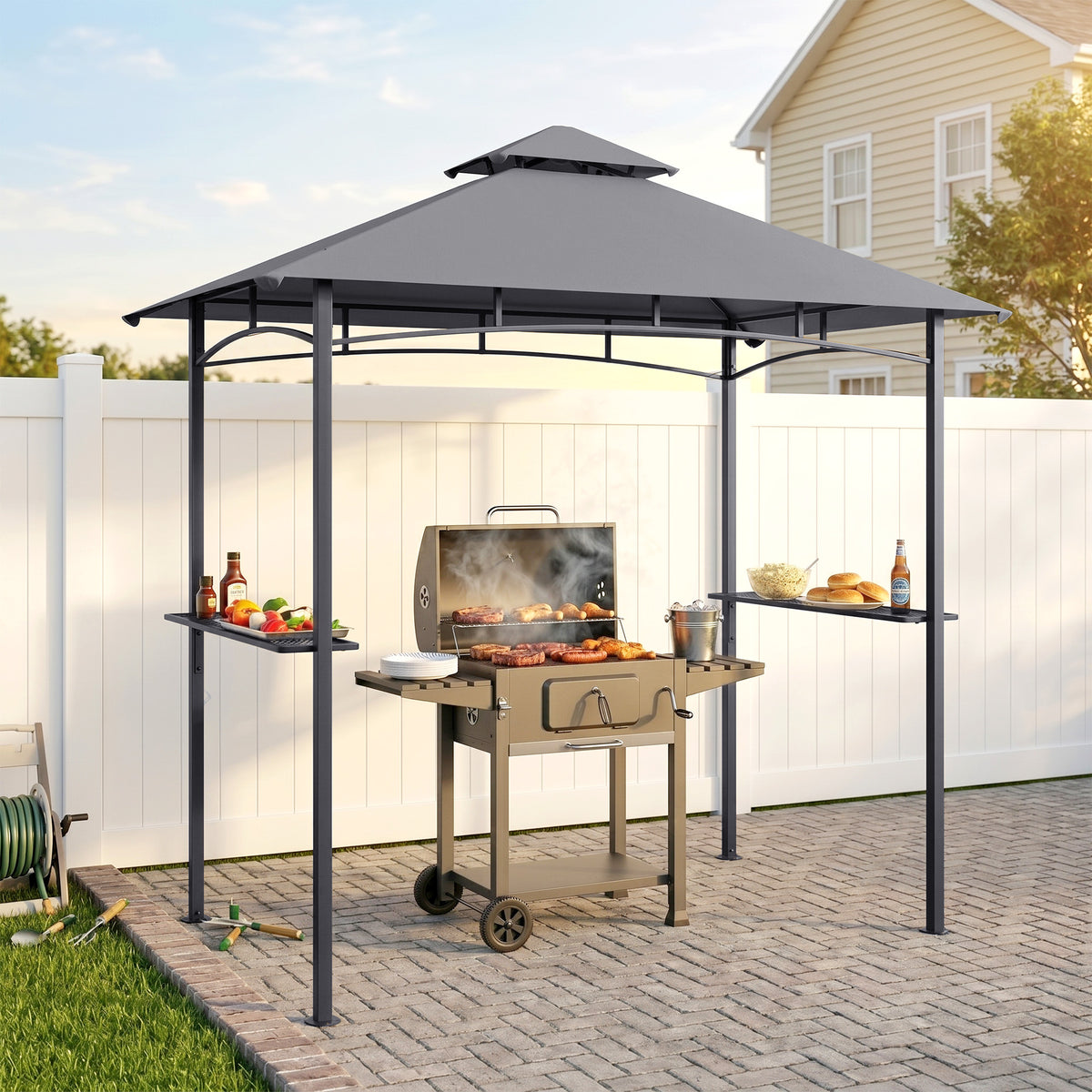 8' x 5' BBQ Grill Gazebo - Double Tiered Canopy, Grey