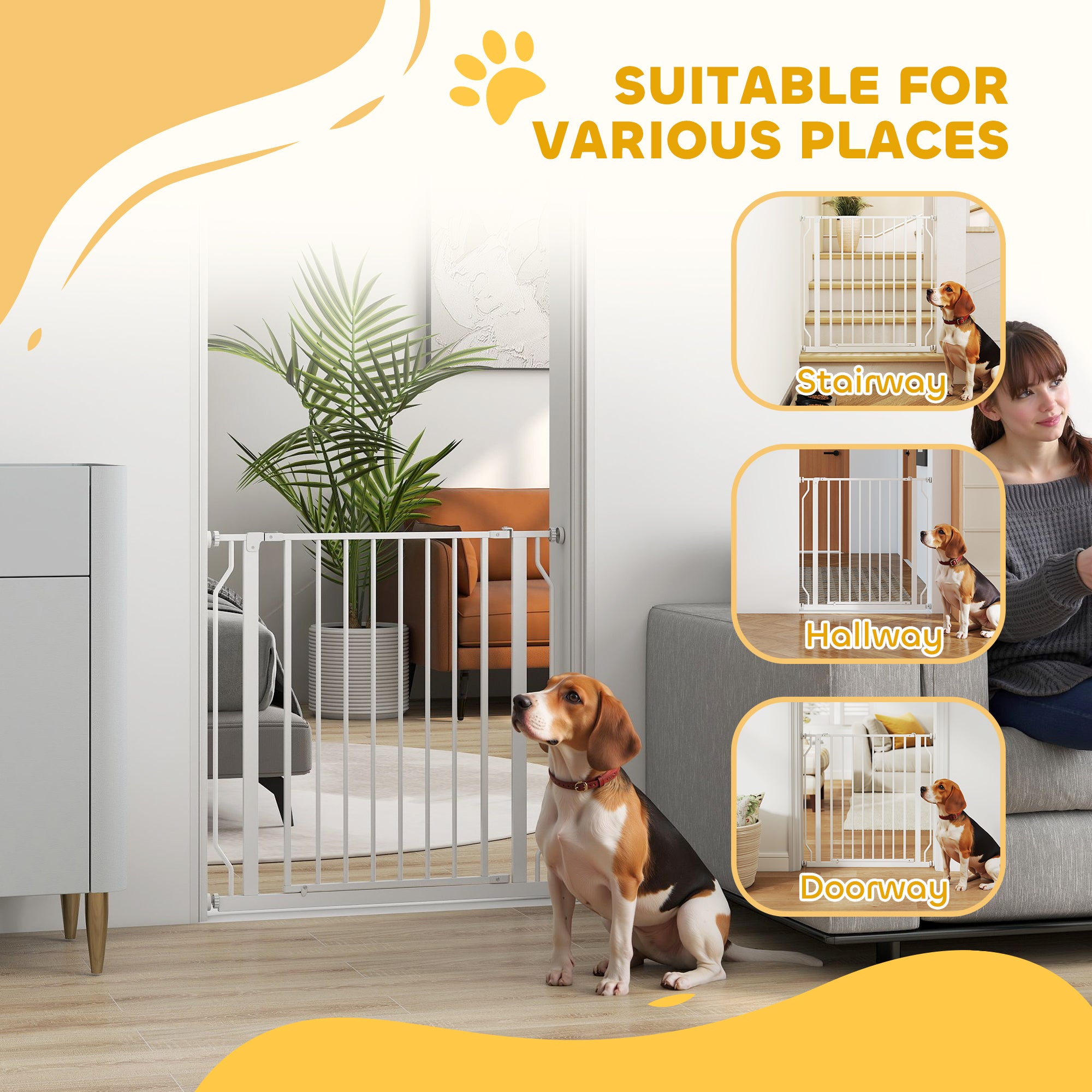 Barrière pour animaux de compagnie de 30 à 34 po, installation facile, avec porte et double système de verrouillage, barrière extra-large pour chiens pour escaliers et couloirs, blanche