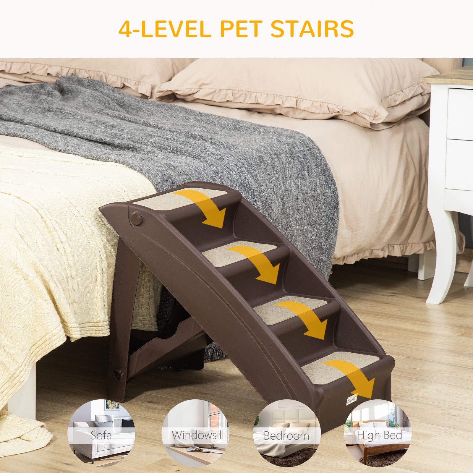 Escalier portable pour animaux à 4 niveaux, rampe pliable pour chiens, marches légères pour chats, avec tapis souples antidérapants, pour lit haut et canapé, jusqu’à 20 kg, brun foncé