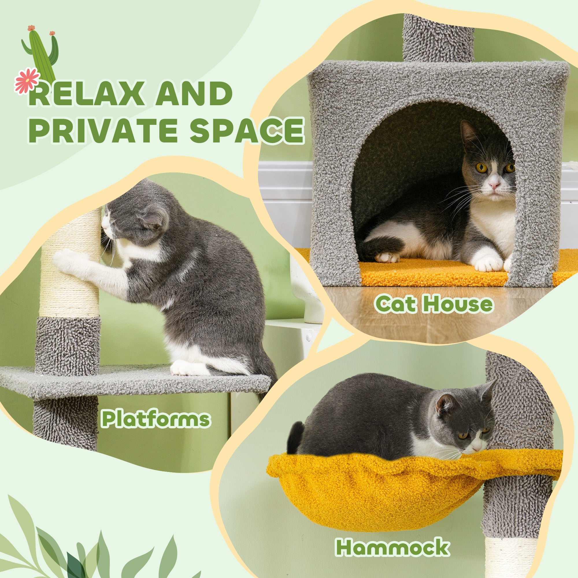 Floor to Ceiling Cat TreeTower with 90.5"-108" Adjustable Height, Scratching Posts, Hammock, Comdo, Toy Ball, Light Grey