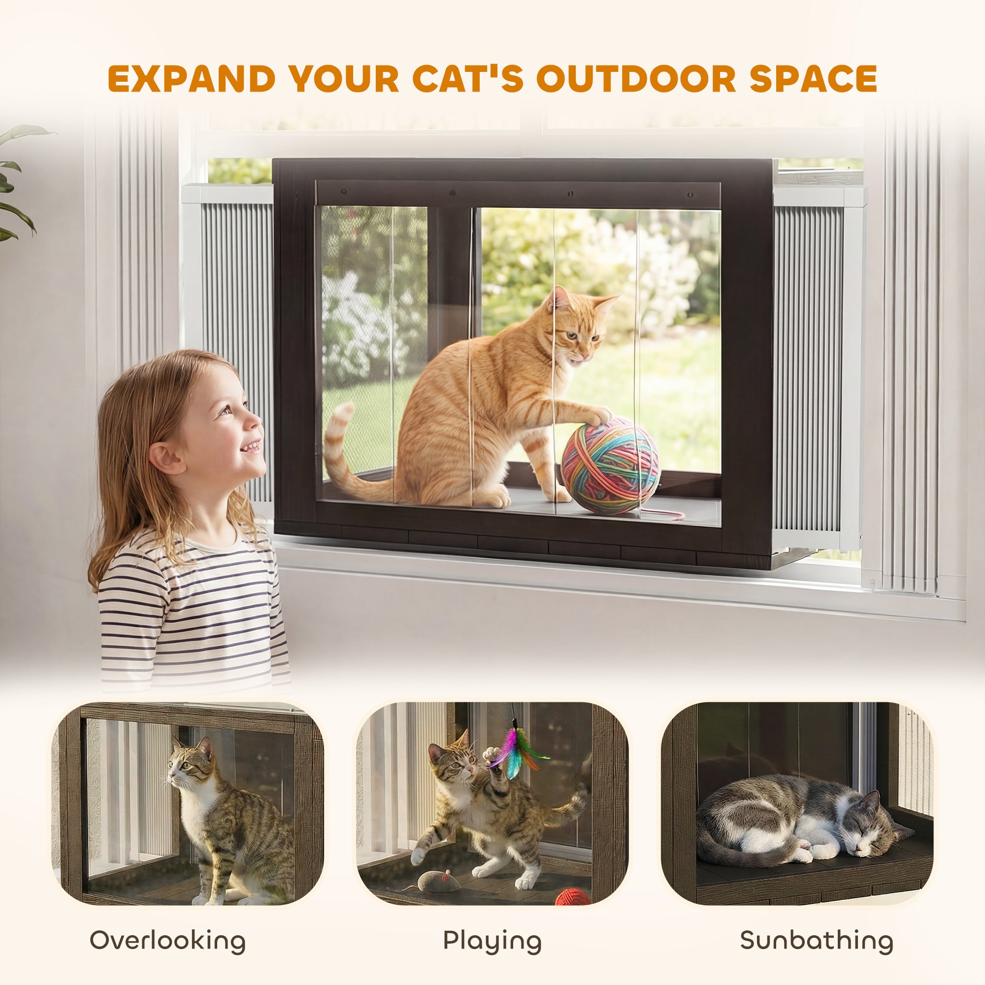 Catio Outdoor Cat Enclosure Adjustable Cat House Waterproof Top for Window 24" x18.5" x16.1" Black & White