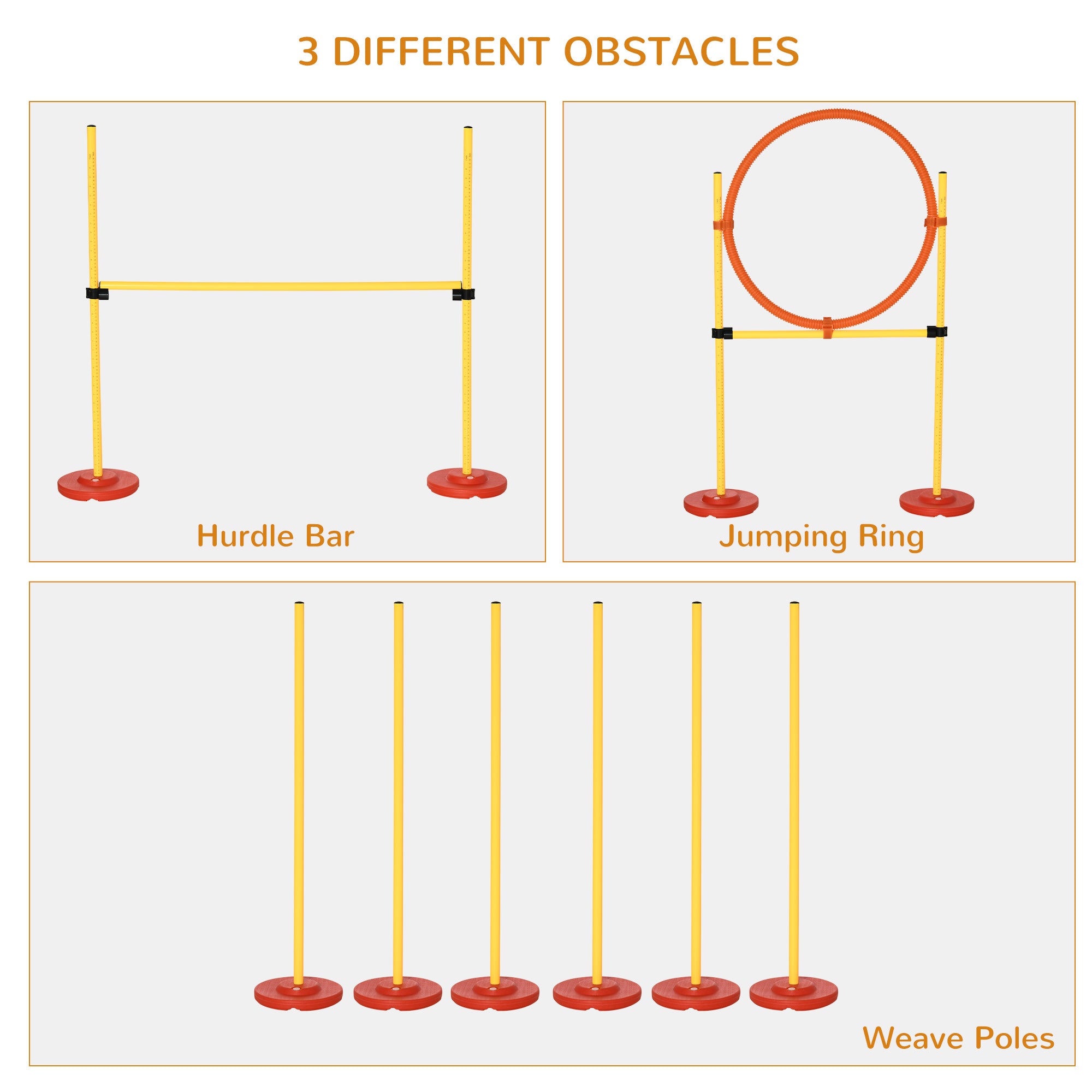3PCs Portable Pet Agility Training Obstacle Set for Dogs w/ Adjustable Weave Pole, Jumping Ring, Adjustable High Jump