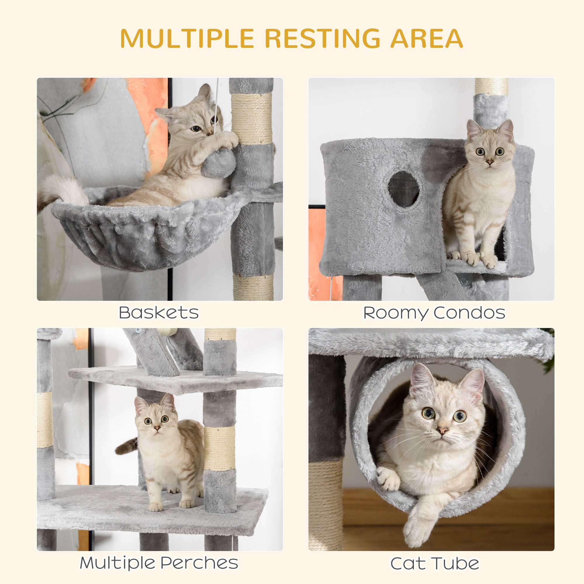 Arbre à chat géant de 94"-102" de hauteur, condo pour chat allant jusqu’au plafond, poteau à griffer, centre d’activités, maison de jeu multiniveau, gris clair