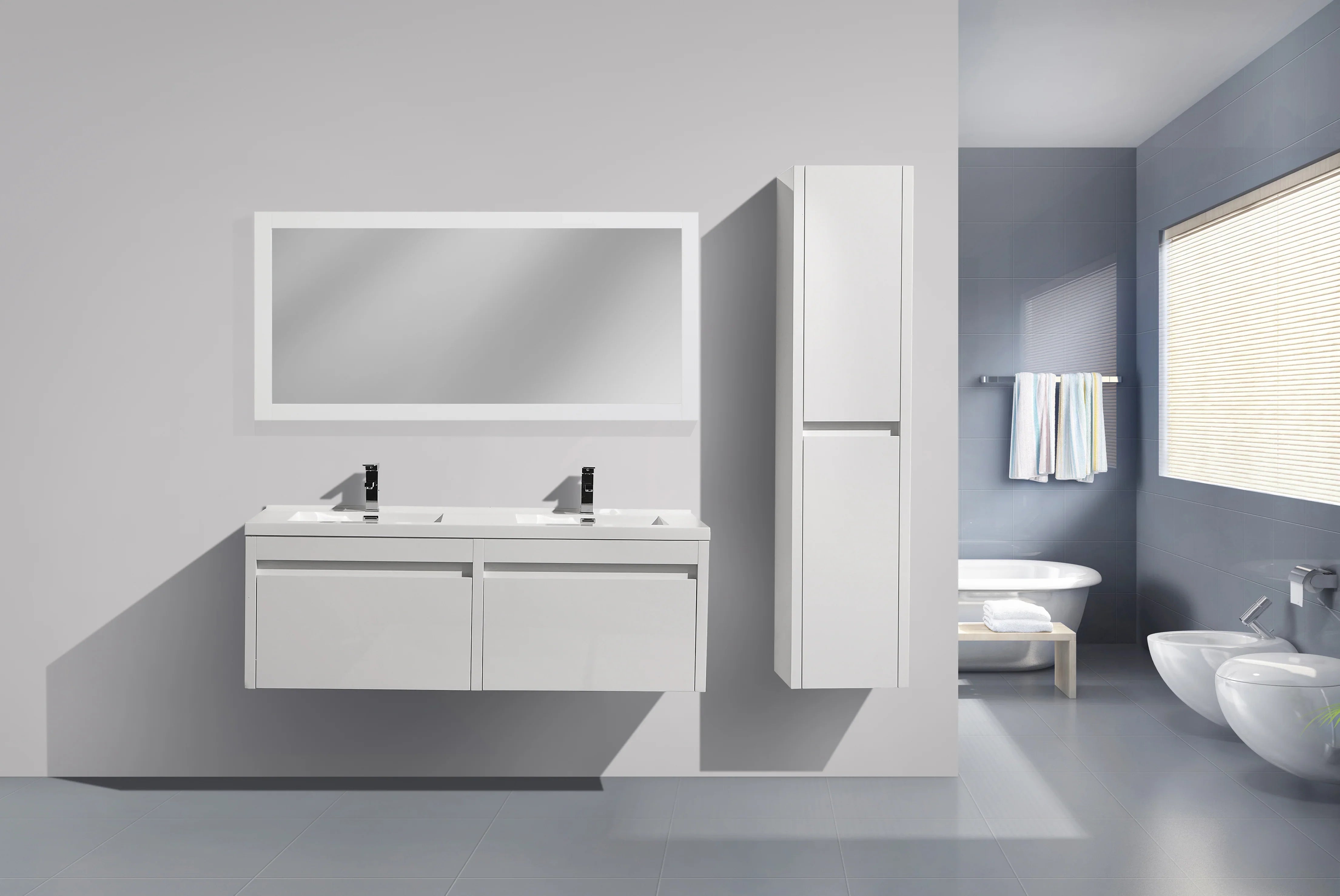 60" White Frame Rectangular Mirror : Horizontal & Vertical Installation
