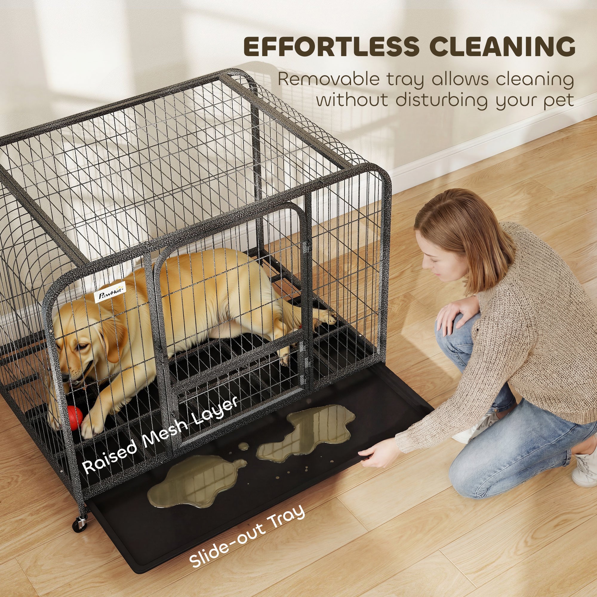 43 Inch Heavy Duty Dog Crate, Extra Large Metal Dog Cage with Lockable Wheels and Removable Tray