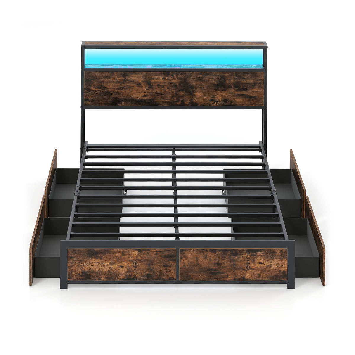 LED Bed Frame with Charging Station and 4 Storage Drawers-Simple Bed Frame-DECOROLALA
