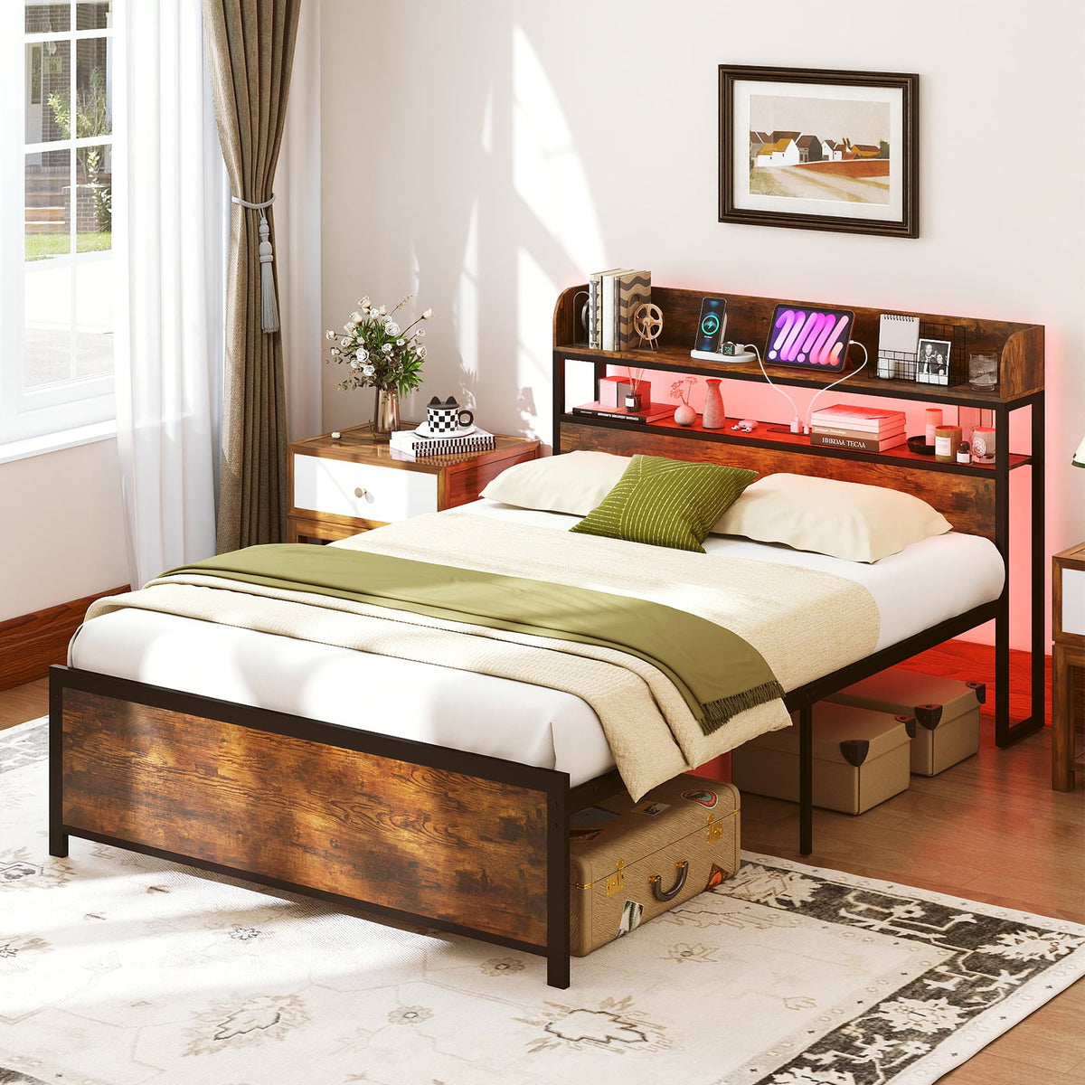 LED Bed Frame with Power Outlets and Storage Headboard-Full Size-Beds & Bed Frames-DECOROLALA