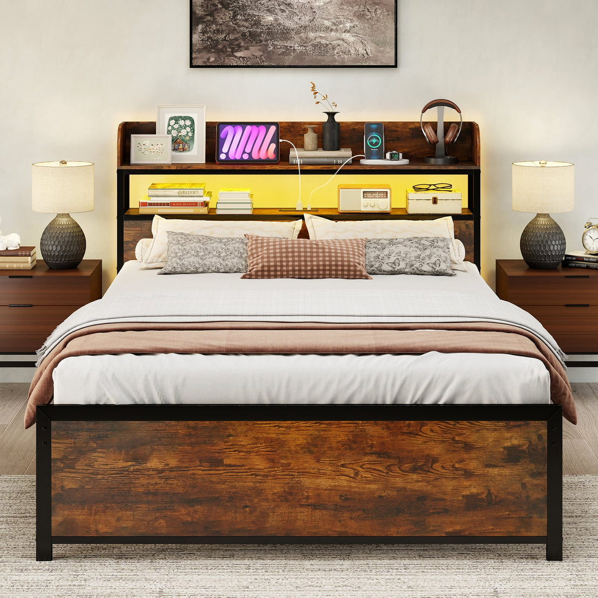 LED Bed Frame with Power Outlets and Storage Headboard-Full Size-Beds & Bed Frames-DECOROLALA