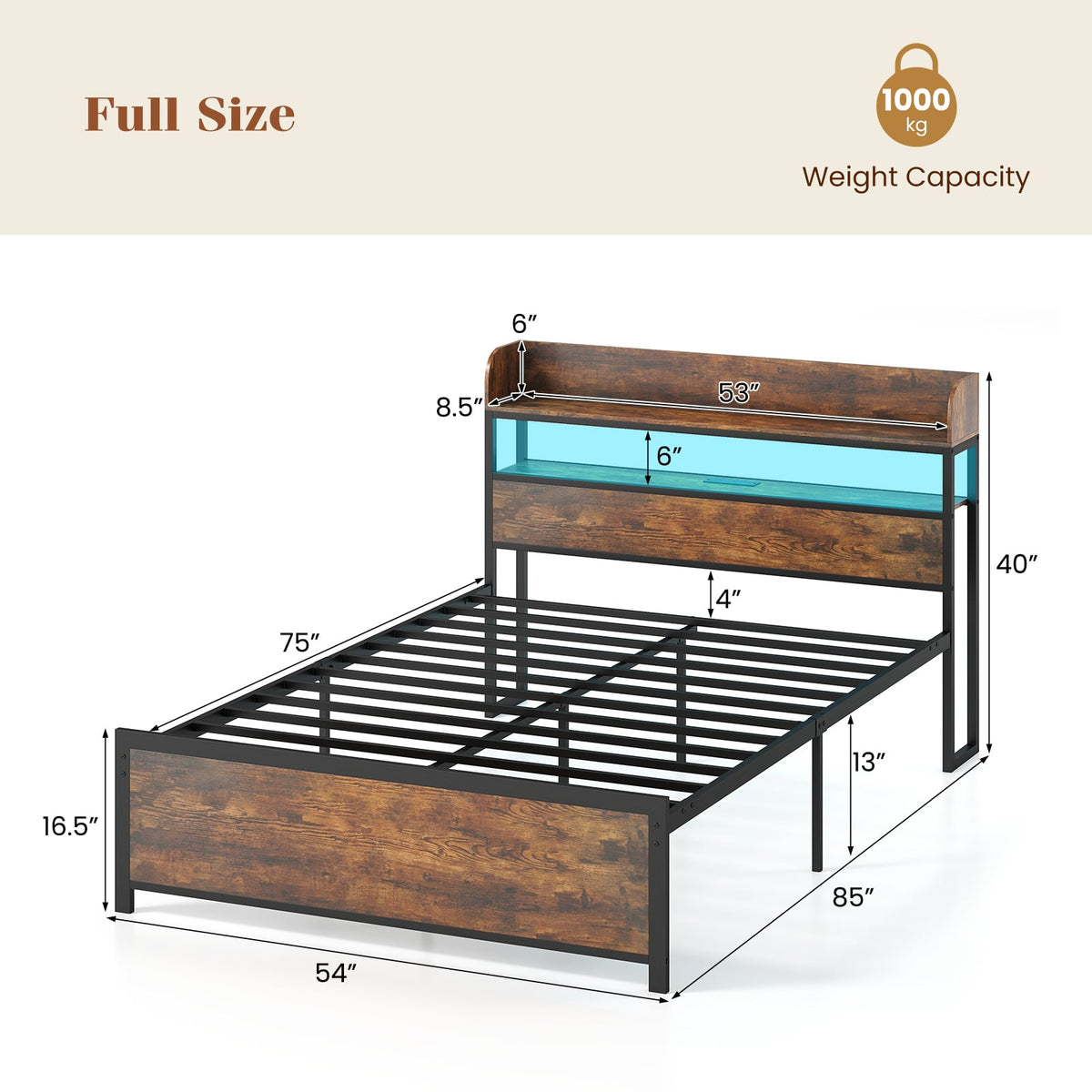 LED Bed Frame with Power Outlets and Storage Headboard-Full Size-Beds & Bed Frames-DECOROLALA