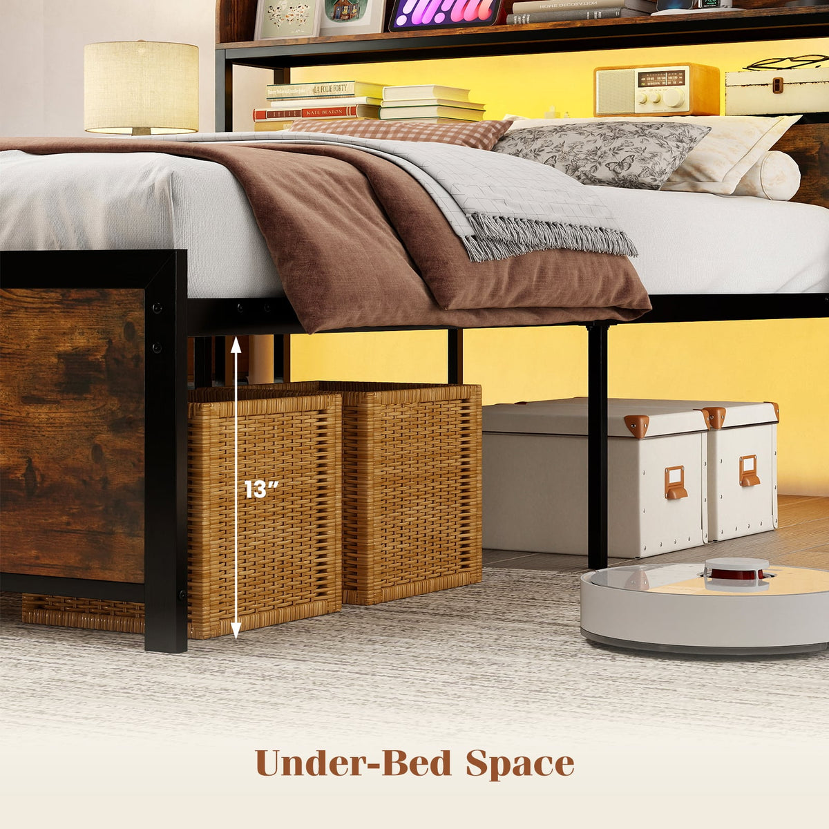LED Bed Frame with Power Outlets and Storage Headboard-Full Size-Beds & Bed Frames-DECOROLALA