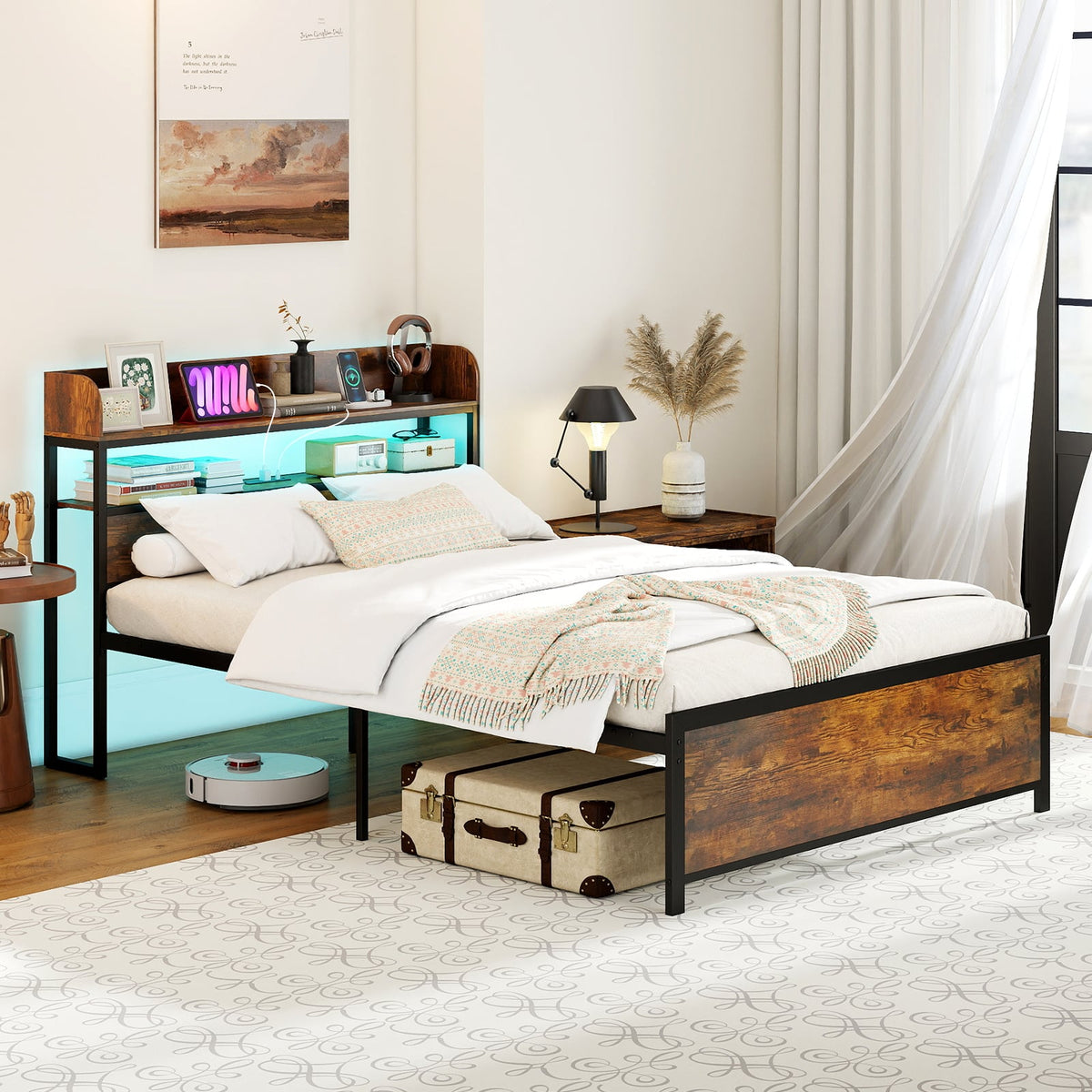 LED Bed Frame with Power Outlets and Storage Headboard-Full Size-Beds & Bed Frames-DECOROLALA