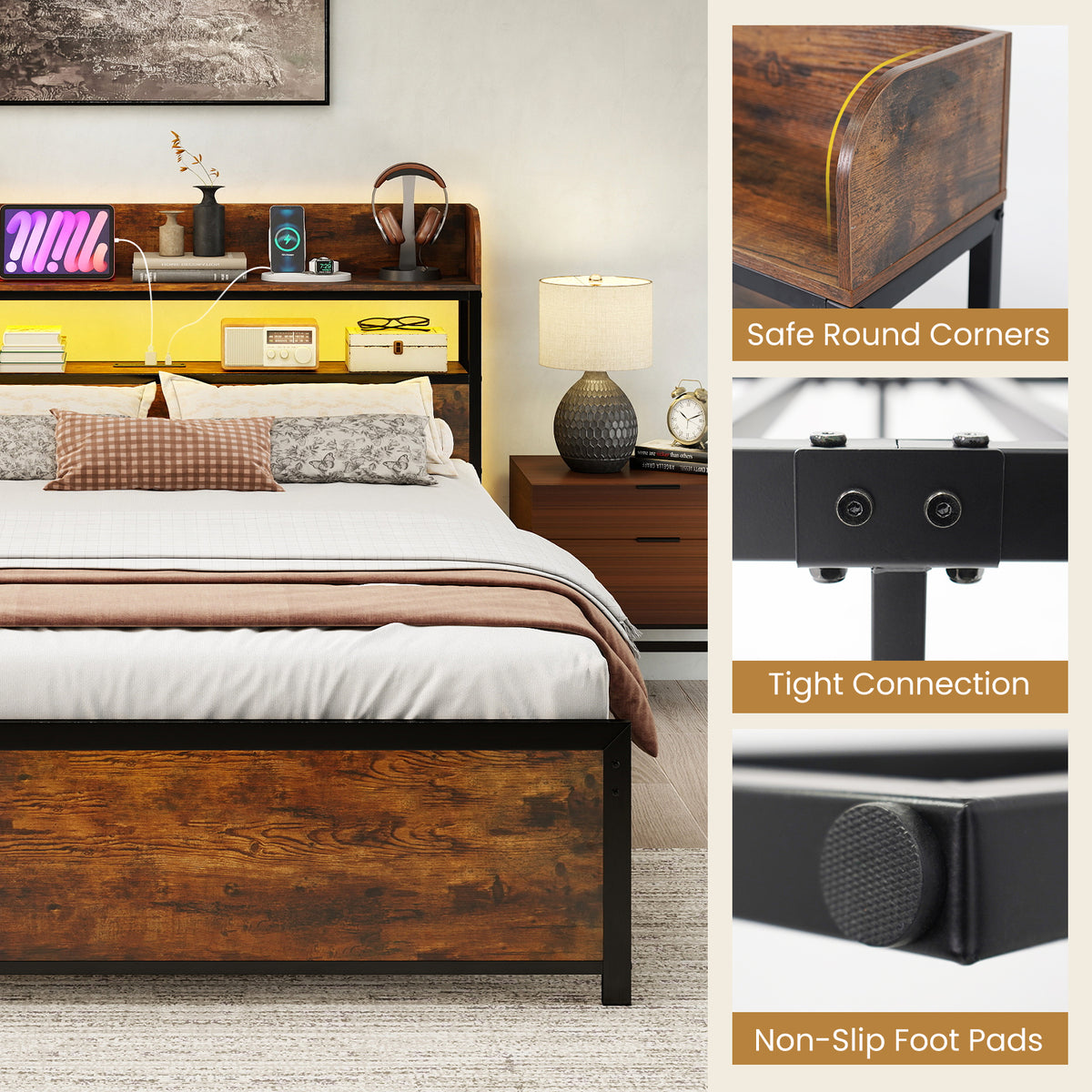 LED Bed Frame with Power Outlets and Storage Headboard-Full Size-Beds & Bed Frames-DECOROLALA